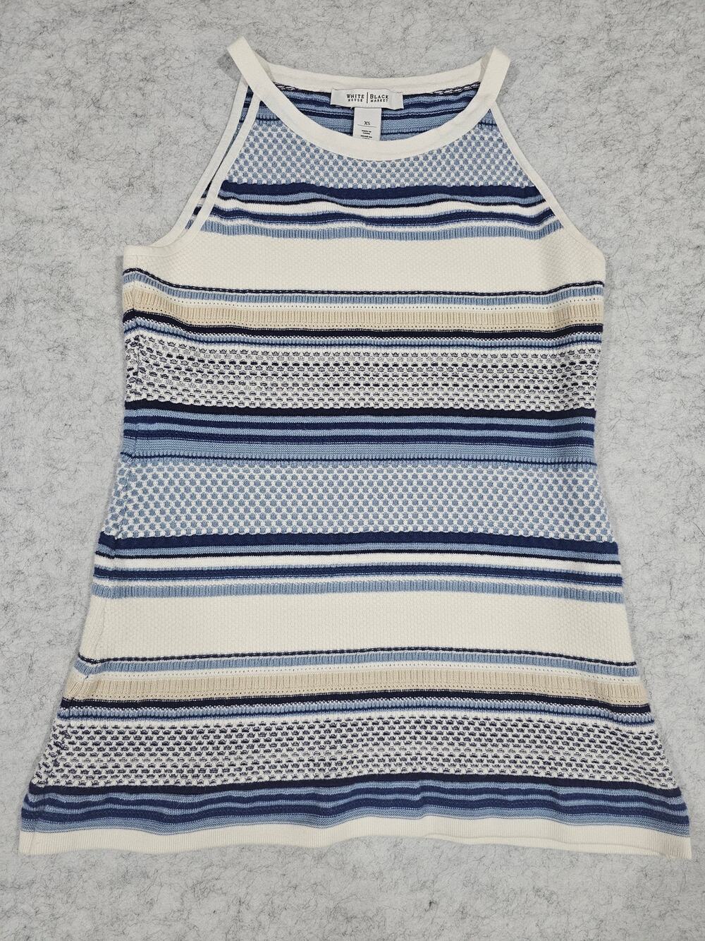 White House Black Market Striped Sweater Tank Top Blue Gray High Neck Knit XS